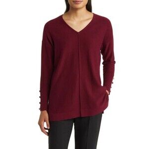 NWT Anne Klein Women M Medium V Neck Sweater with Button Red Long Sleeve